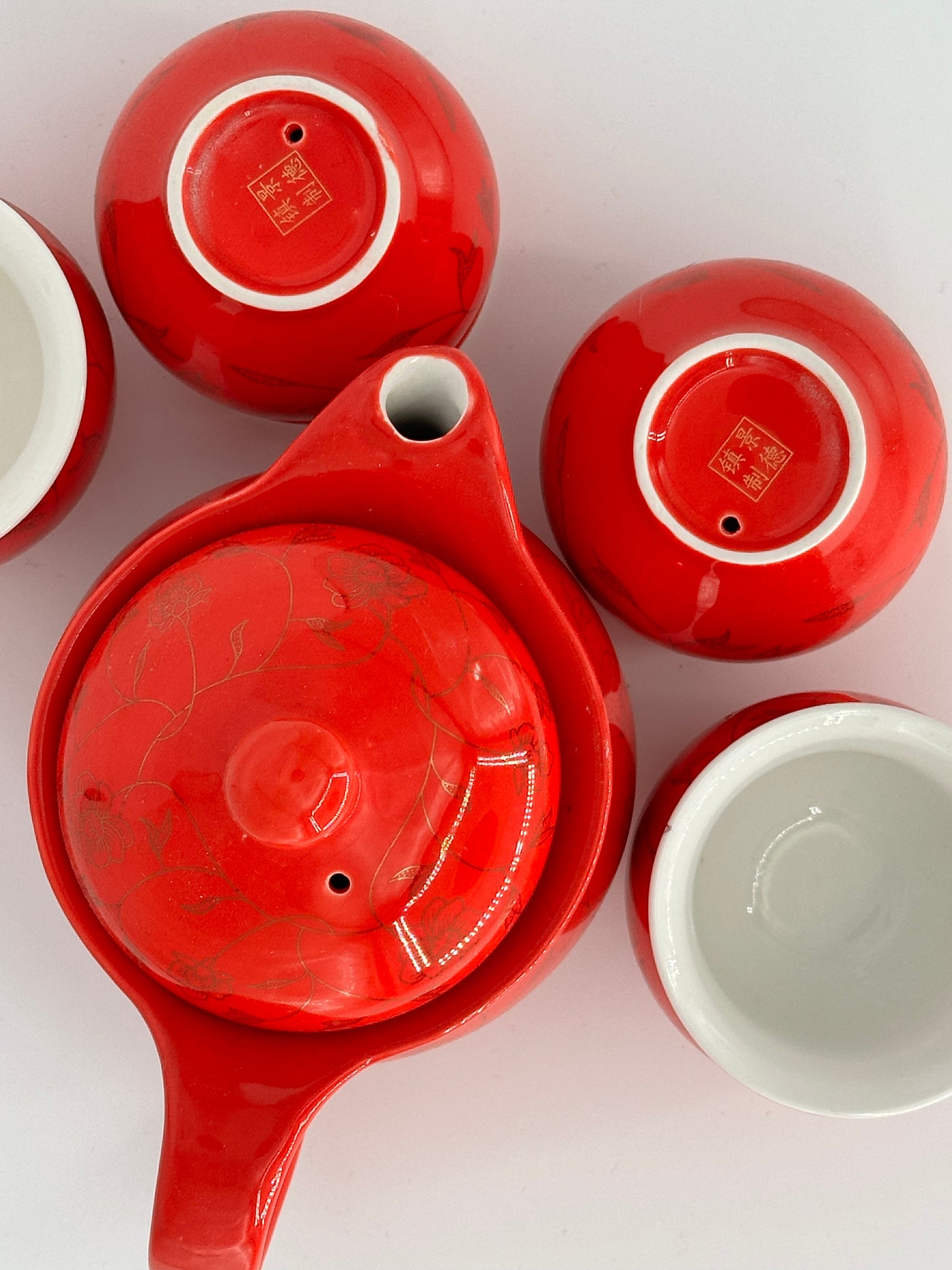 Red Porcelain 7 Pieces Tea Set