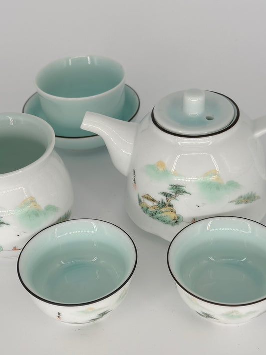 Jade Tree & Mountain 10 pieces Porcelain Tea Set