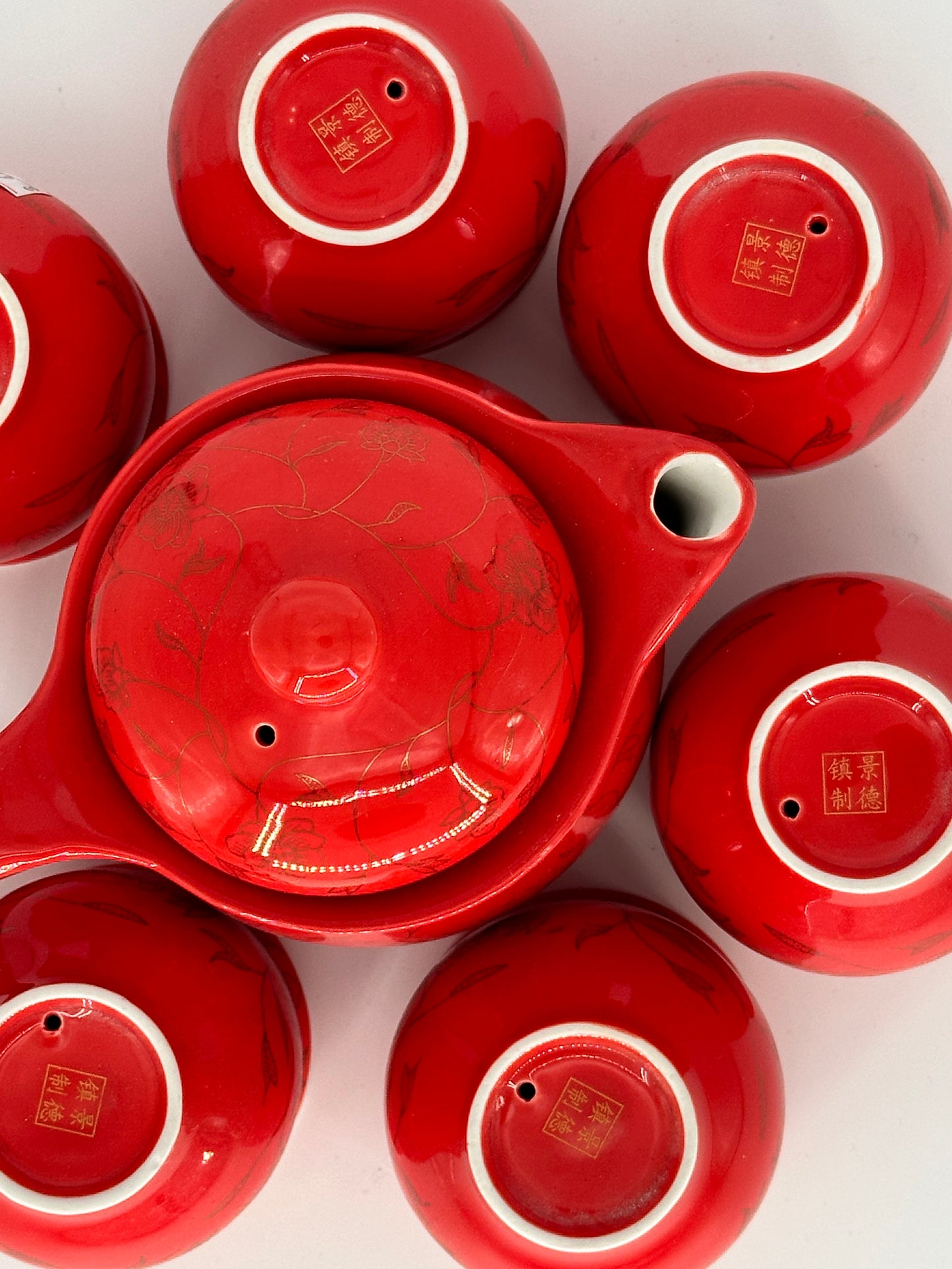 Red Porcelain 7 Pieces Tea Set