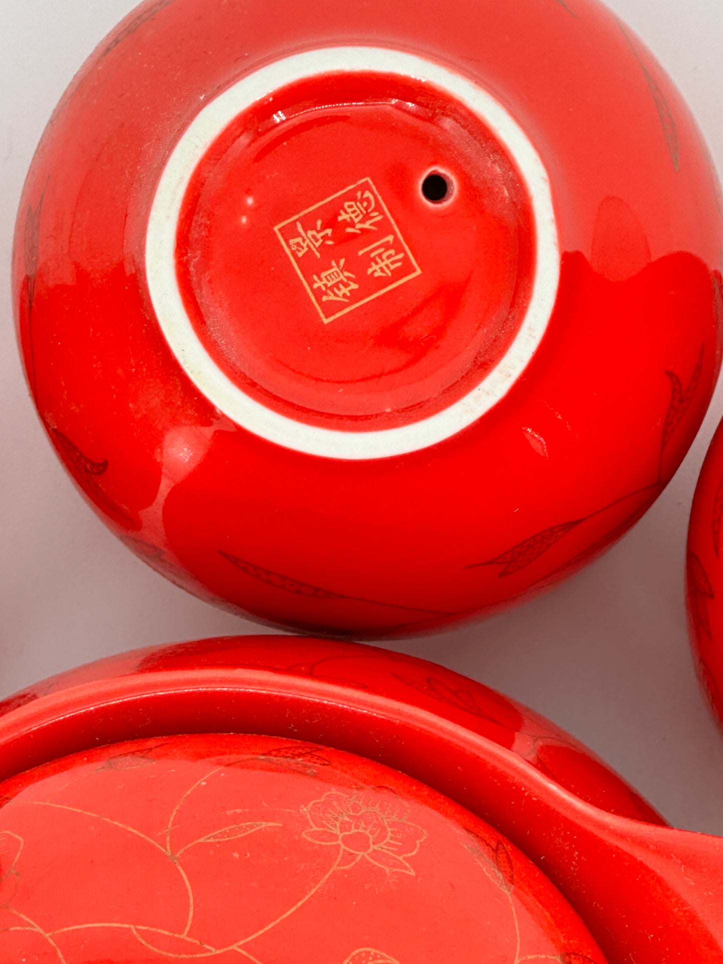 Red Porcelain 7 Pieces Tea Set